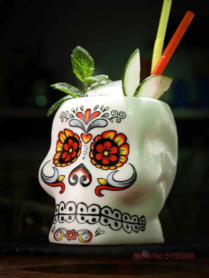 Verre à Cocktail en Céramique avec Motif de Fleur et Crâne