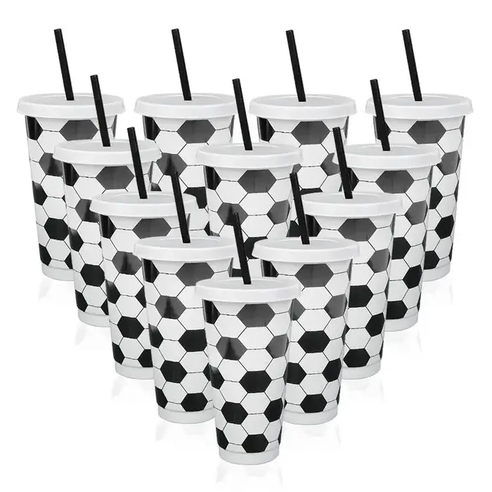 Gobelets de Football en plastique réutilisables avec couvercle, pailles, cadeaux de fête de Football