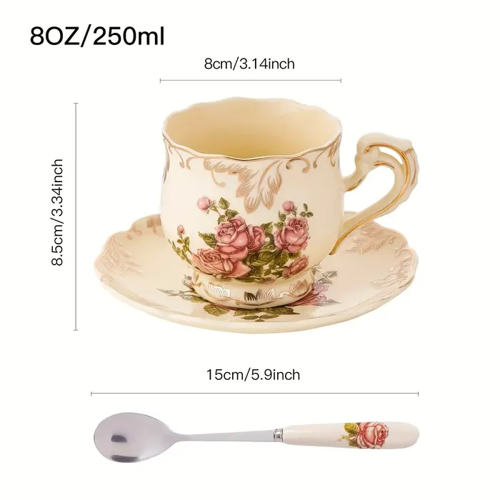 Théière en céramique rose / Tasse et soucoupe - Cafetière à bordure dorée - Cadeau élégant pour le t