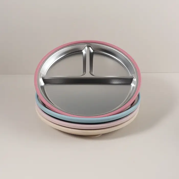 Assiette pour enfants en acier inoxydable avec bord en silicone