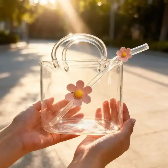 Verre à boire en forme de sac à main avec paille fleurie