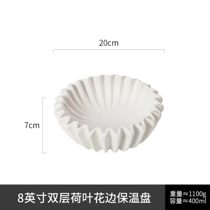 Assiette isolante en forme de feuille de lotus double couche en céramique blanche, assiette en forme