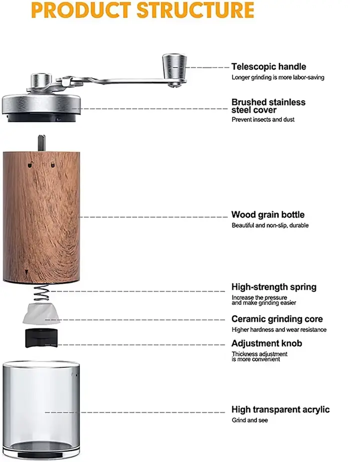 Grain de café Grain de bois portable en acier inoxydable manivelle main moulin à café moulin à outils de cuisine