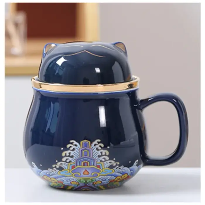 Tasse de bureau en céramique Lucky Cat avec filtre à thé et couvercle