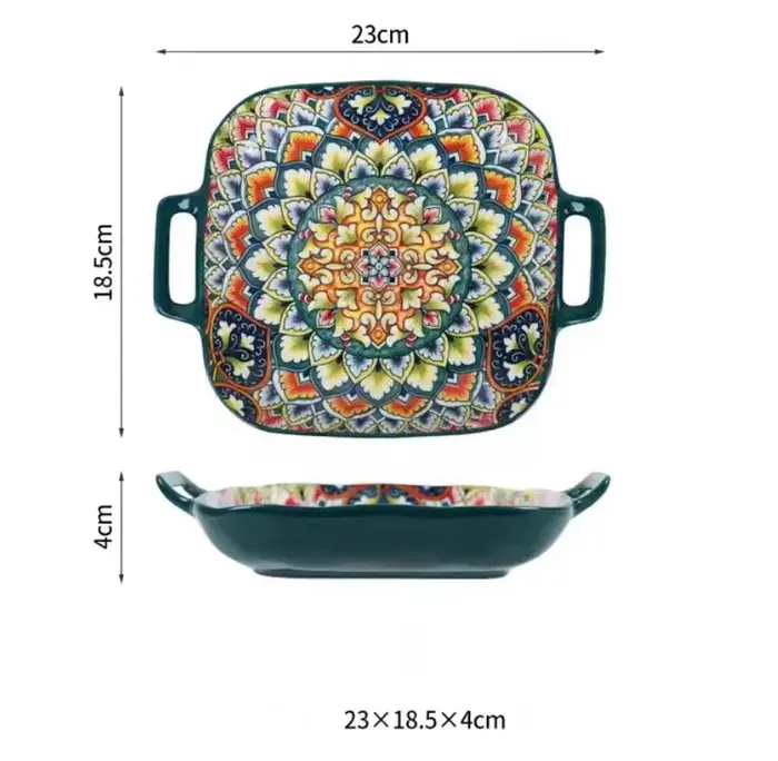 Assiette carrée bohème en céramique à double oreille, assiette créative pour la maison, assiette à f