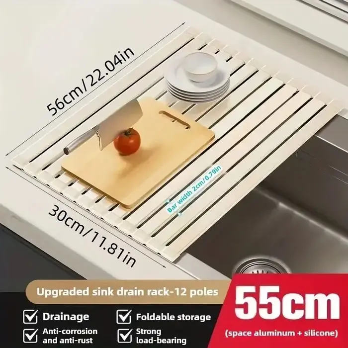 Égouttoir à vaisselle pliable robuste et enroulable - Égouttoir à vaisselle pliable robuste et enroulable, gain de place, hauteur réglable, résistant à la chaleur et support de rangement amovible pour