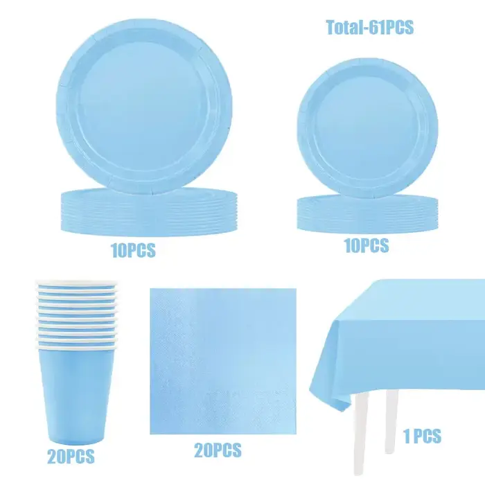 Vaisselle Jetable Bleu Clair Assiettes En Papier Tasses Serviettes Pour Garçon Baby Shower Fête D'anniversaire Décoration Révélation De Genre Baptême Fournitures De Table Pastel Élégant