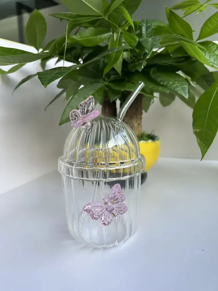 Tasse en verre Chic d'inspiration papillon de 400ML, tasse à café pour fille avec couvercle et paill