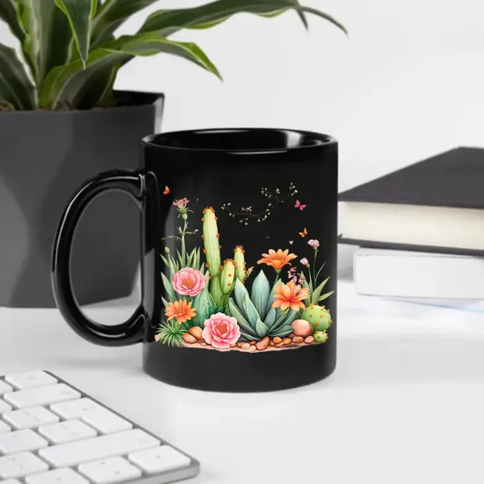 Tasse en céramique Cactus noir et fleurs