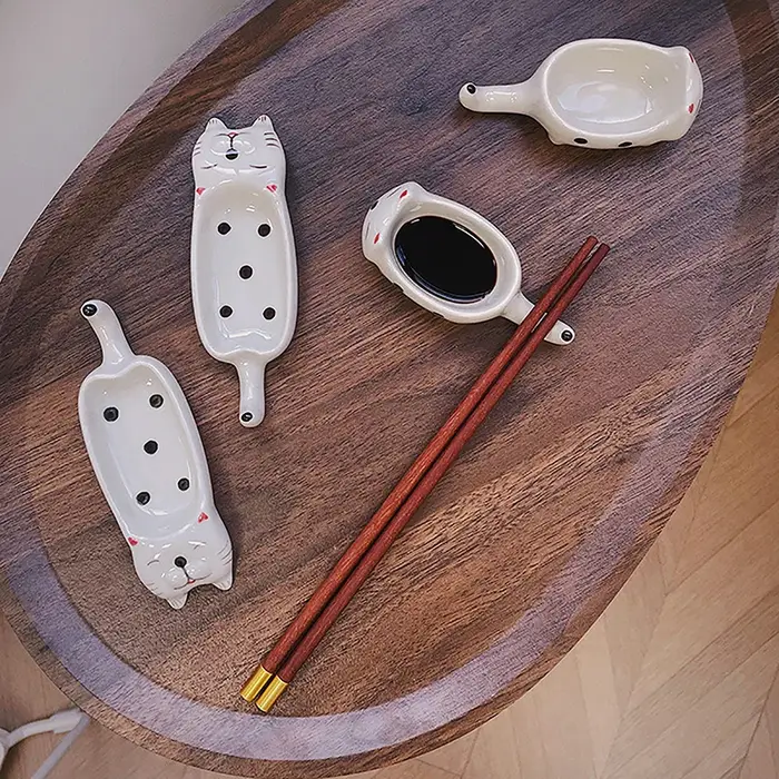 Plats à Sauce chat/lapin de dessin animé, Pot en céramique, plats à tremper, couteau de cuisine et porte-fourchette, décoration de Table