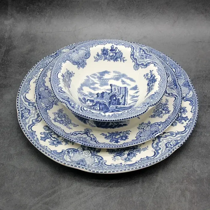 Queset de châteaux de Grande-Bretagne bleus, style européen, QueWare, assiette de petit déjeuner en céramique, plats de boeuf, plat à dessert, bol à soupe