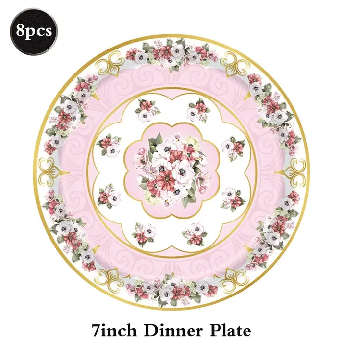 Vaisselle de fête du thé, assiettes en papier fleuries, serviettes, gobelets pour fête du thé d'anni