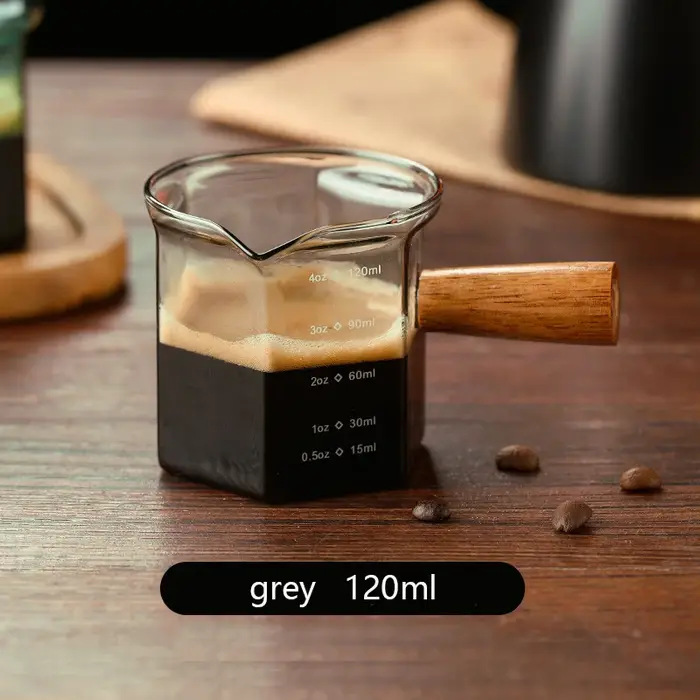 YWDL Tasse à mesurer en verre pour expresso 120 ml avec poignée en bois, carafe à lait hexagonale, a