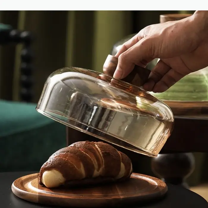 Plateau à gâteau en bois avec couvercle en verre, assiette à dessert, assiettes décoratives, assiettes de présentation, assiette à pâtisserie, plateau à thé, bol à fruits, plat à dim sum