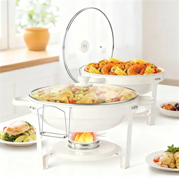 Plats de service blancs pour buffet 5QT avec couvercle en verre empilables
