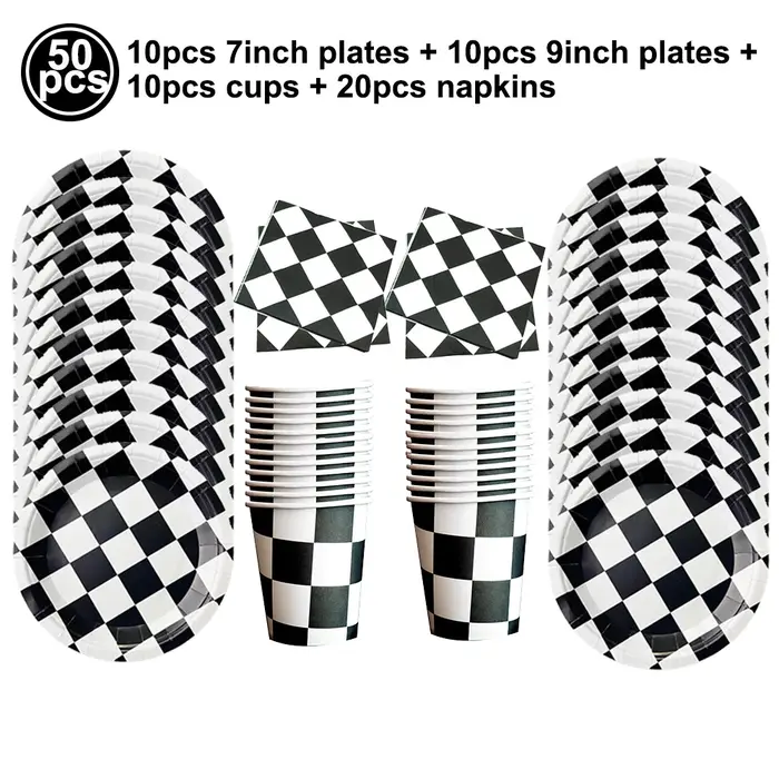 Vaisselle à carreaux noir et blanc pour la décoration de table sur le thème des sports de course, assiettes à dessert, serviettes pour voiture de course, anniversaire