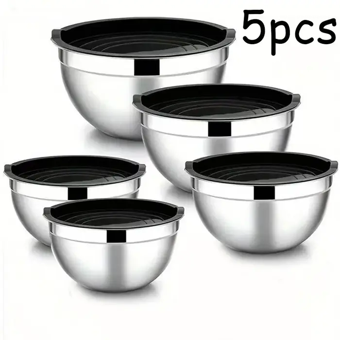Bassin à salade en acier inoxydable 5 pièces avec couvercle et bassin à mélanger pour la cuisson, ad