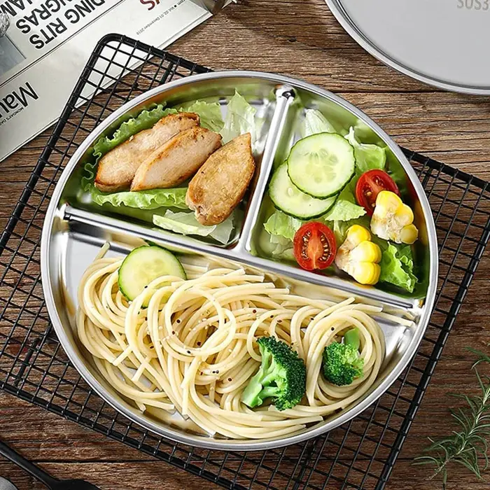 Assiette à dîner en acier inoxydable à 3 grilles, plateau de service, plat à collation, plats divisé