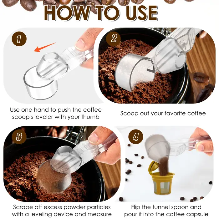 Lot de 4 cuillères à café avec entonnoir pour dosettes de café rechargeables K-Cup, cuillère doseuse de 30 ml avec niveleur coulissant pour café, poudre de protéines