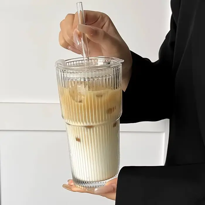 Tasse à café en verre à rayures de grande capacité
