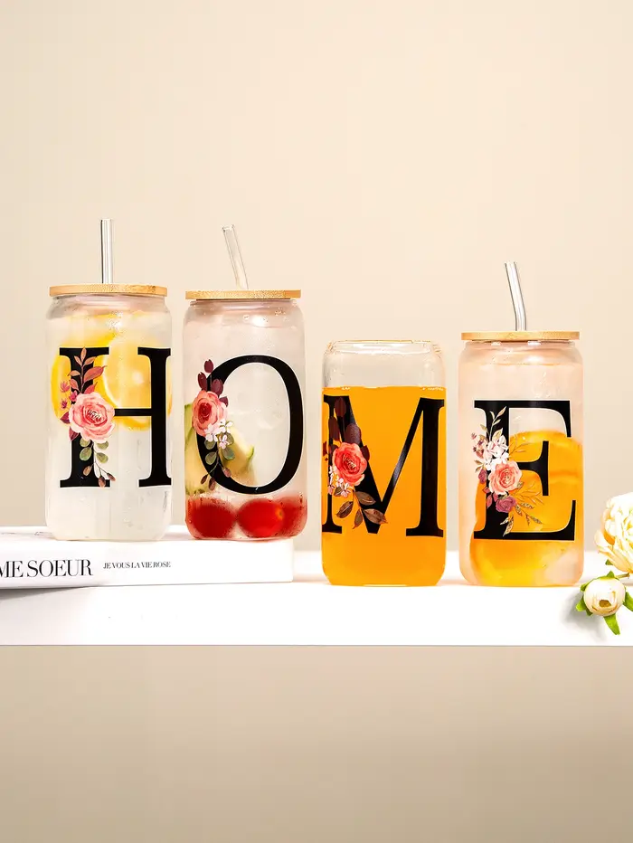 500ml Lettre Fleur A-Z Café standardisation Bureau Maison 16OZ Verre Tasse Avec Bambou Veds et Paille Anniversaire