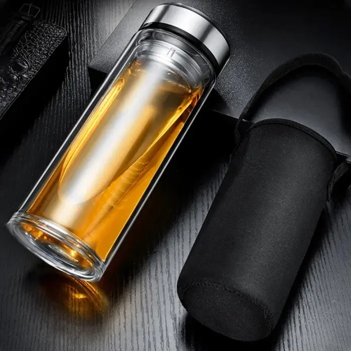 Bouteilles de thé en verre étanches avec infuseur, bouteille à Double paroi en acier inoxydable, tas