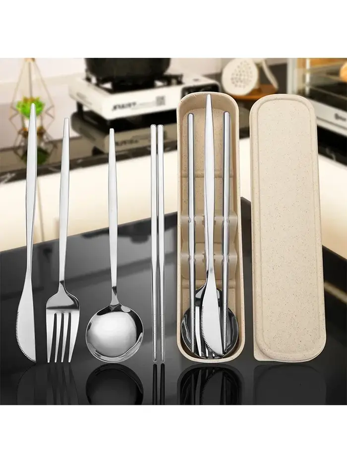 Ensemble de couverts portables en acier inoxydable avec boîte de rangement, ustensiles réutilisables