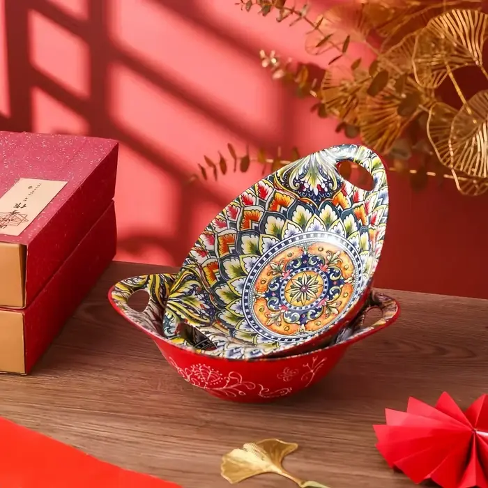 Bol à salade en céramique nouveauté bohème assiette ovale avec poignée micro-ondes sûr bol en forme de bateau bol de nourriture empilable bol de fruits-2PCS