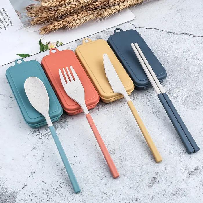 4 pièces ensemble de vaisselle Portable paille de blé