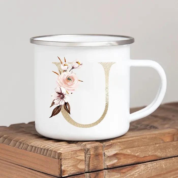 Tasses en émail vintage avec poignée, alphabet doré, fleurs, café à boire, bière, lait, thé, camping, randonnée, cadeaux, maison, bureau, standard