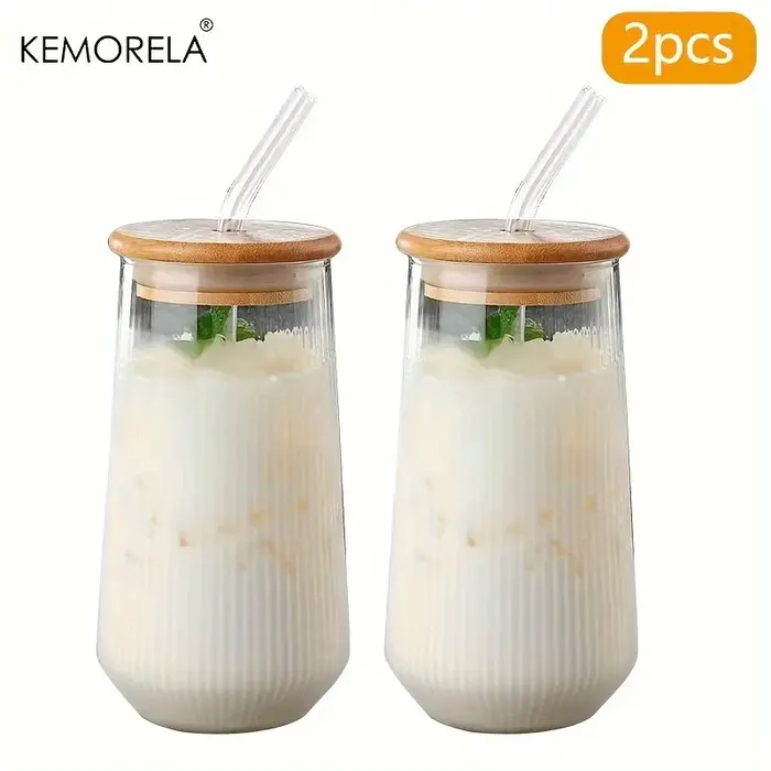 EllMORELA-Tasse en Verre Transparente à Rayures Verticales avec Couvercle, Paille, Café, Lait, Bière