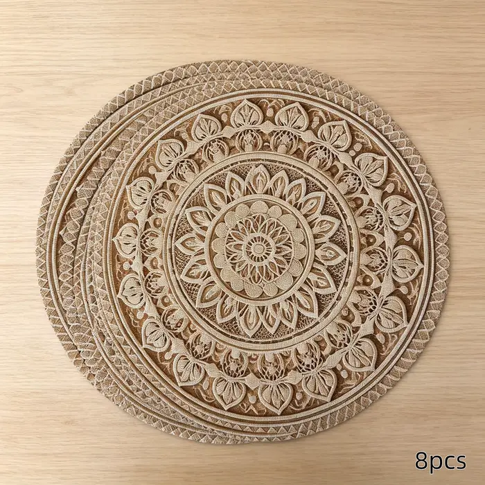 Lot de 8 sets de table ronds, style bohème mandala, motif floral vintage, impression 3D en relief, p