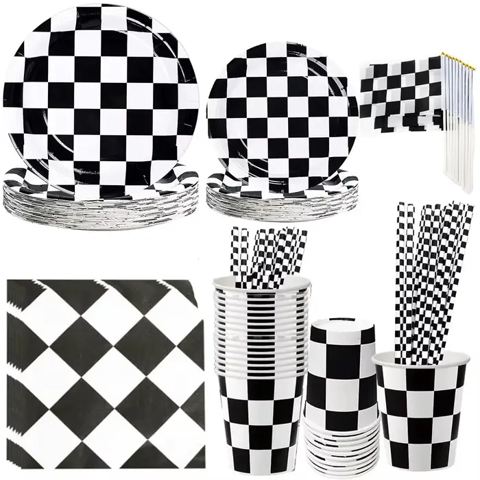 Vaisselle à carreaux noir et blanc pour la décoration de table sur le thème des sports de course, assiettes à dessert, serviettes pour voiture de course, anniversaire