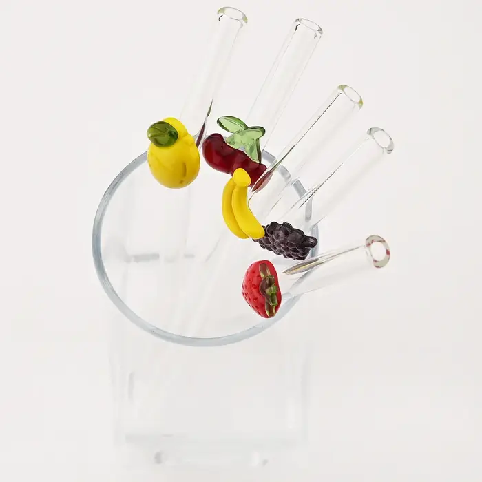 Ensemble de pailles en verre à haute teneur en Borosilicate, 5 pièces, autocollants créatifs pour fruits, thé au lait, jus, paille à Cocktail avec brosse, accessoires de Bar