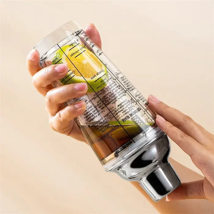 Shaker à Cocktail en verre, tasse à main avec échelles, couvercle et passoire en acier métallique de