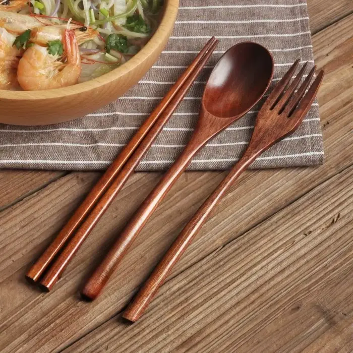 Cuillère fourchette baguettes couverts portables ensemble de couverts en bois voyage ensemble de cou