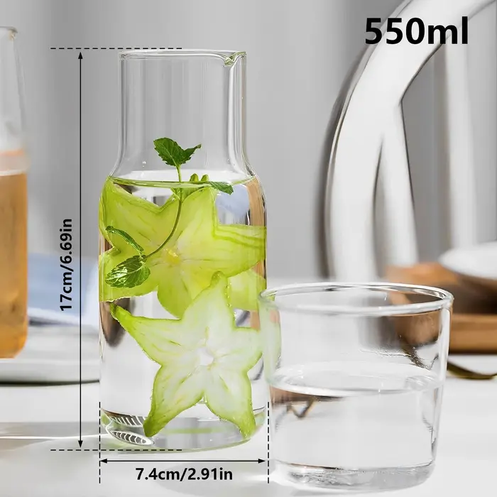 Ensemble de bouteilles d'eau en verre 550ML/600ML, Carafe d'eau de chevet en verre avec tasse en ver