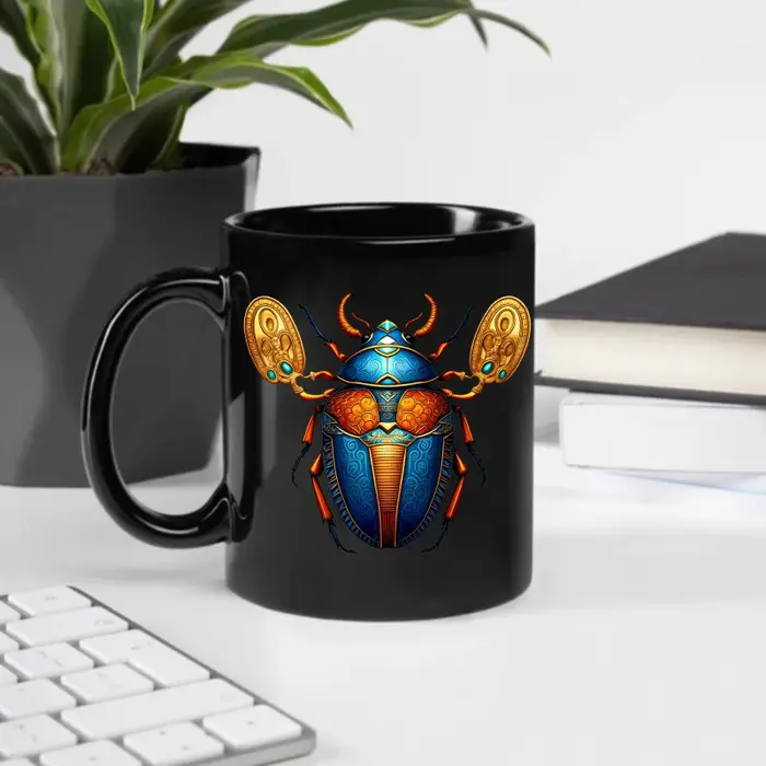 Tasse en céramique, design scarabée égyptien noir