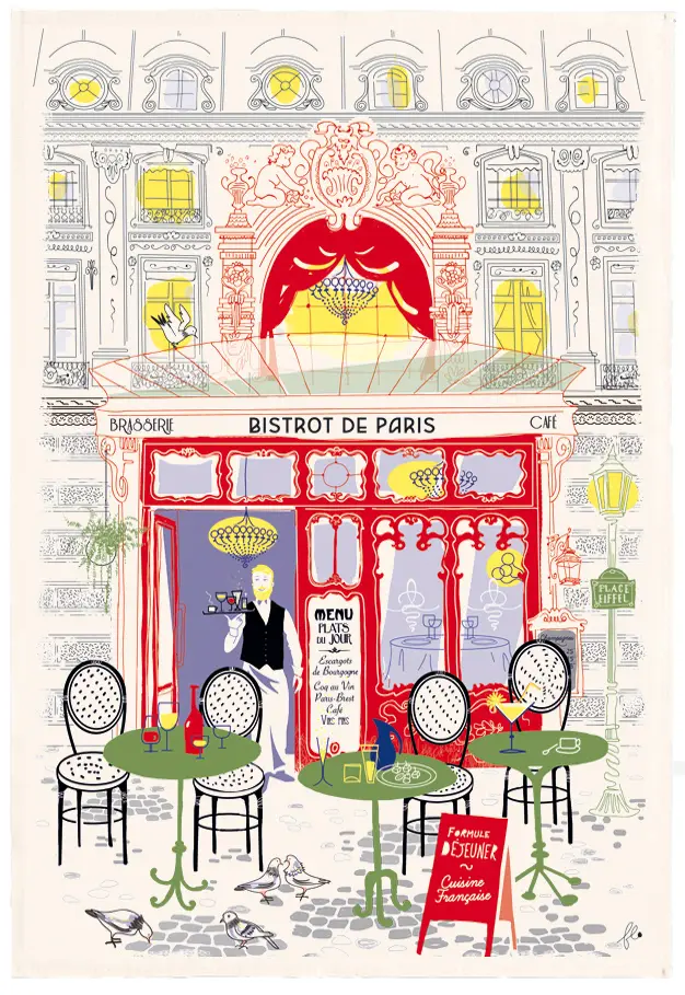 Torchon Imprim Faade bistrot Ecru 48 x 72