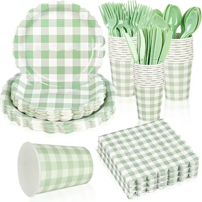 Vaisselle jetable en dentelle à motif quadrillé vert frais pour enfants et adultes