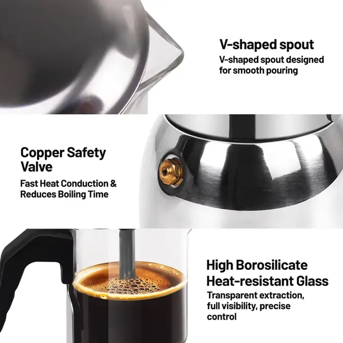 Machine à café italienne en acier inoxydable Moka Pot 9 tasses verre clair cuisinière cafetière expresso 450Ml 15Oz