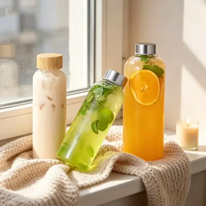 1 bouteille en verre borosilicate avec couvercles en bambou