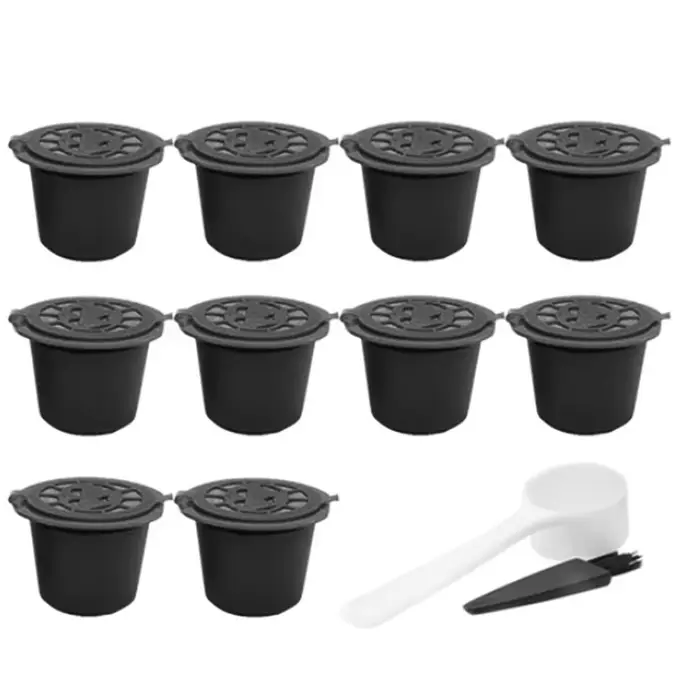 Capsules de café réutilisables, noires, 10 pièces, accessoires de cuisine, avec cuillère et brosse, 