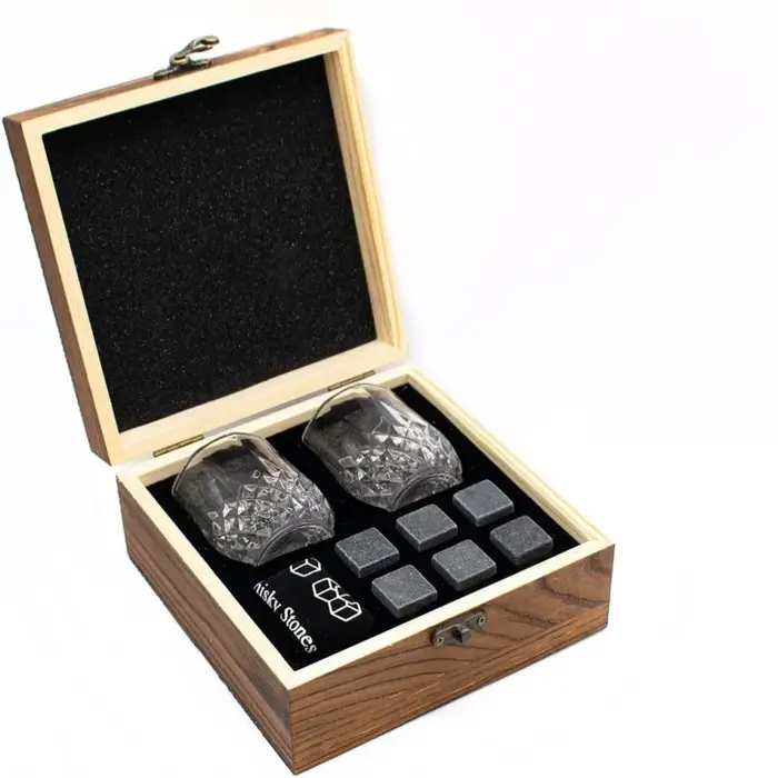 Cadeau de fête des pères pour hommes, ensemble de verres à pierres à whisky, bloc de glace en granit pour whisky dans une boîte de bouteille en bois, cadeau pour papa et mari