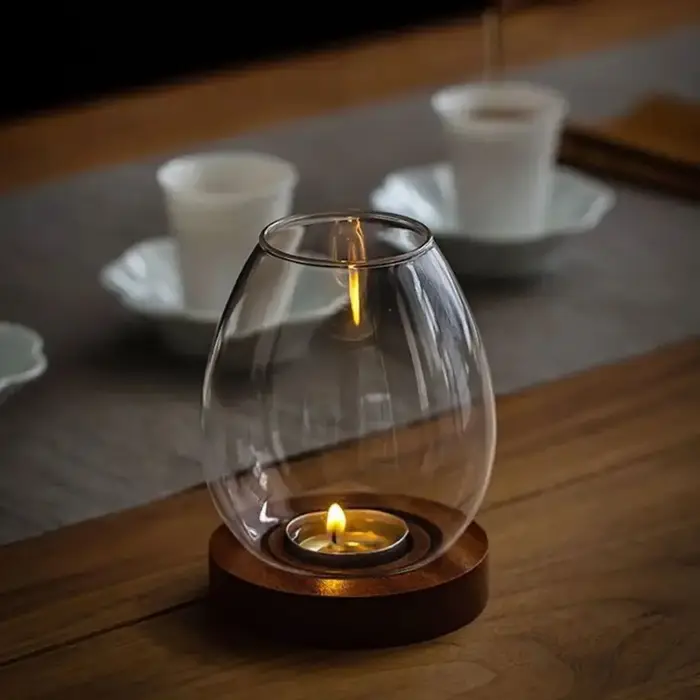 Bougeoirs en verre avec couvercle de tasse rond avec Base en bois