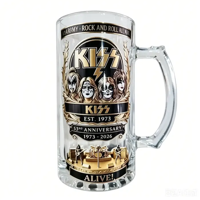 Chope à bière en verre transparent avec poignée, inspirée de KISS, 55e anniversaire 1973-2026, avec