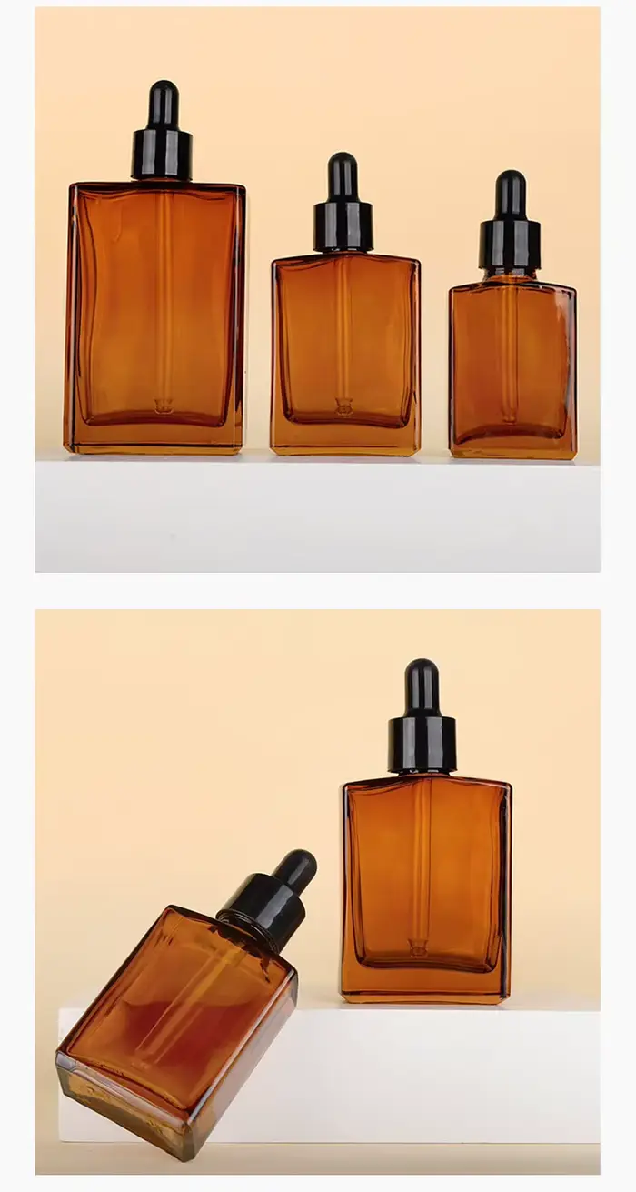 100 ml Flacon compte-gouttes d'huile essentielle rectangulaire à épaule plate ambre – Récipients cosmétiques en verre rechargeable de 100 ml
