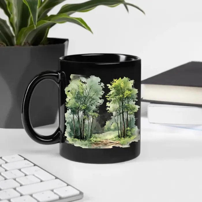 Tasse en céramique, conception d'aquarelle de paysage de forêt noire