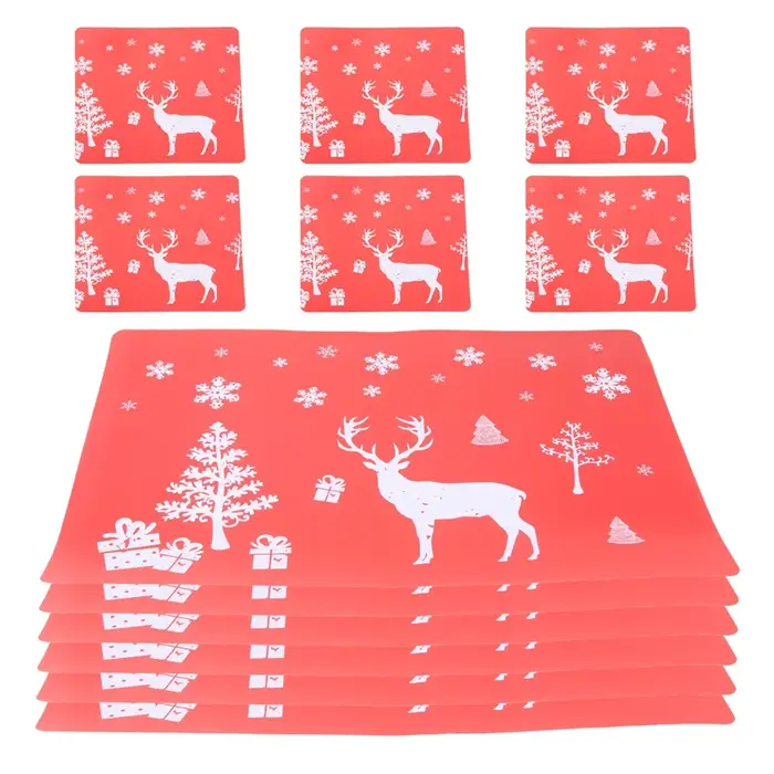 A19F-toile de noël lavable, ensemble de 6 napperons et 6 tasses, élan, arbre de noël, imprimé flocon