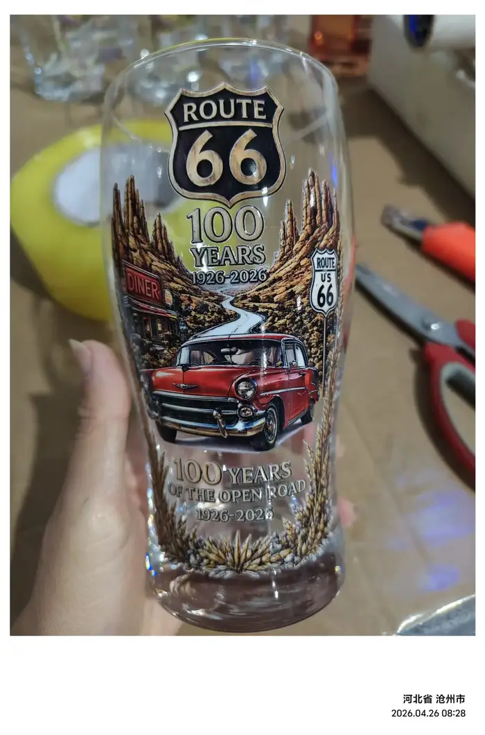 Chope à bière en verre vintage Route 66, commémorative du 100e anniversaire, avec motif de voiture c